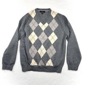 Banana Republic Mens XL Extra Fine Merino Wool V-Neck Argyle Sweater Grey Cream